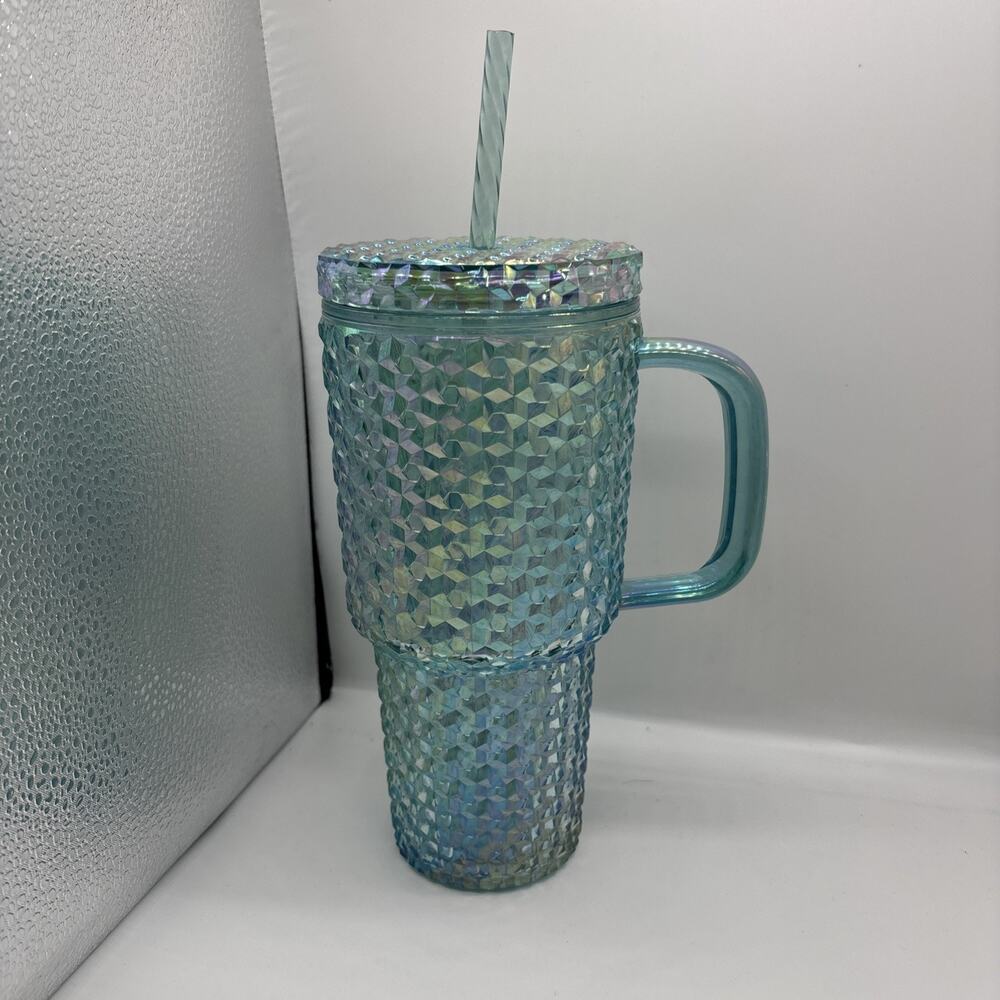30 Oz Double Wall Insulated Prismatic Textured Tumbler with Straw and Handle NEW